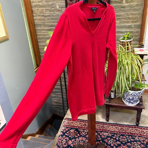 y2K Tommy Hilfiger Women's 100% Cotton Lightweight Red Sweater Tiny Logo Size L - Picture 3 of 7